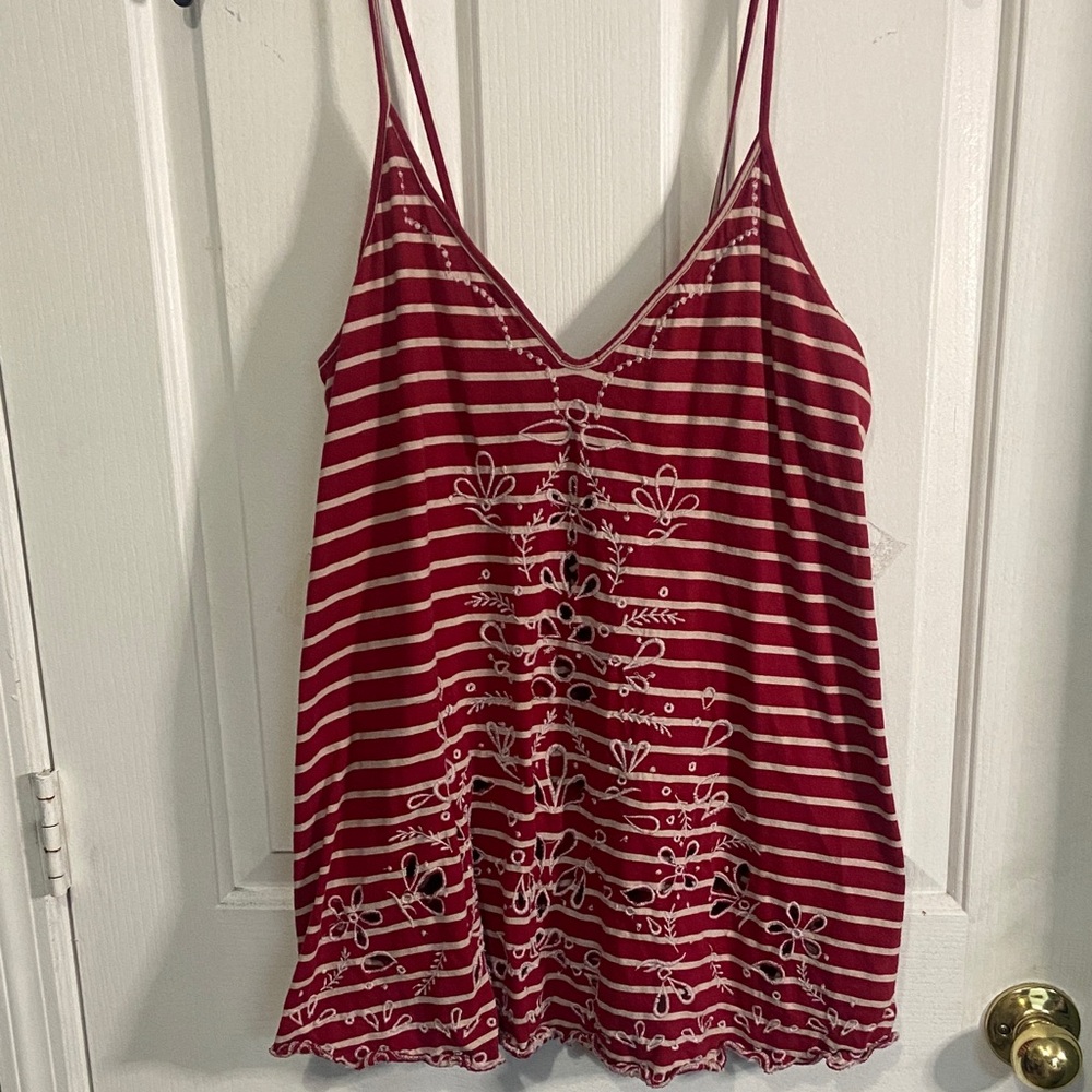 Free People Red and White Striped Embroidered V-Neck Cami